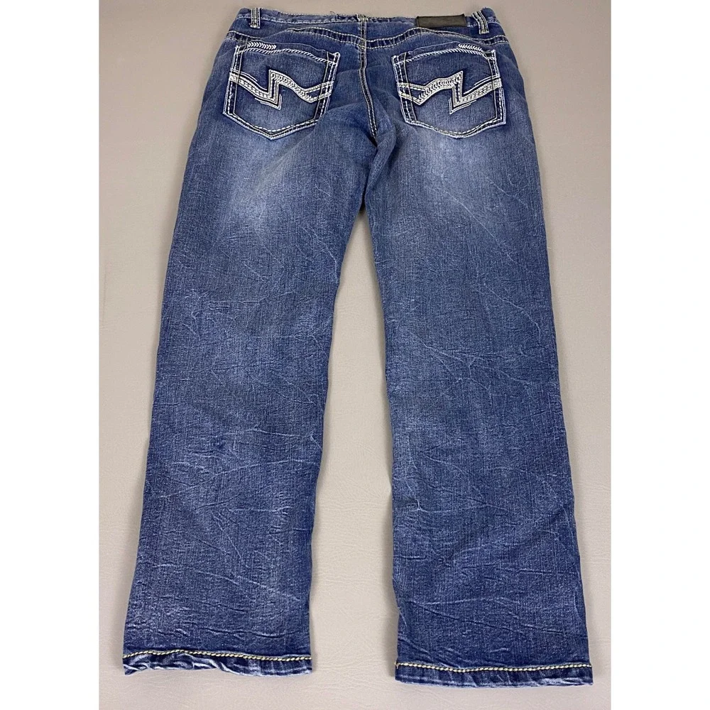 True Luck Jeans Men's Size 34x32 Blue Straight Leg Distressed Medium Wash Denim‎